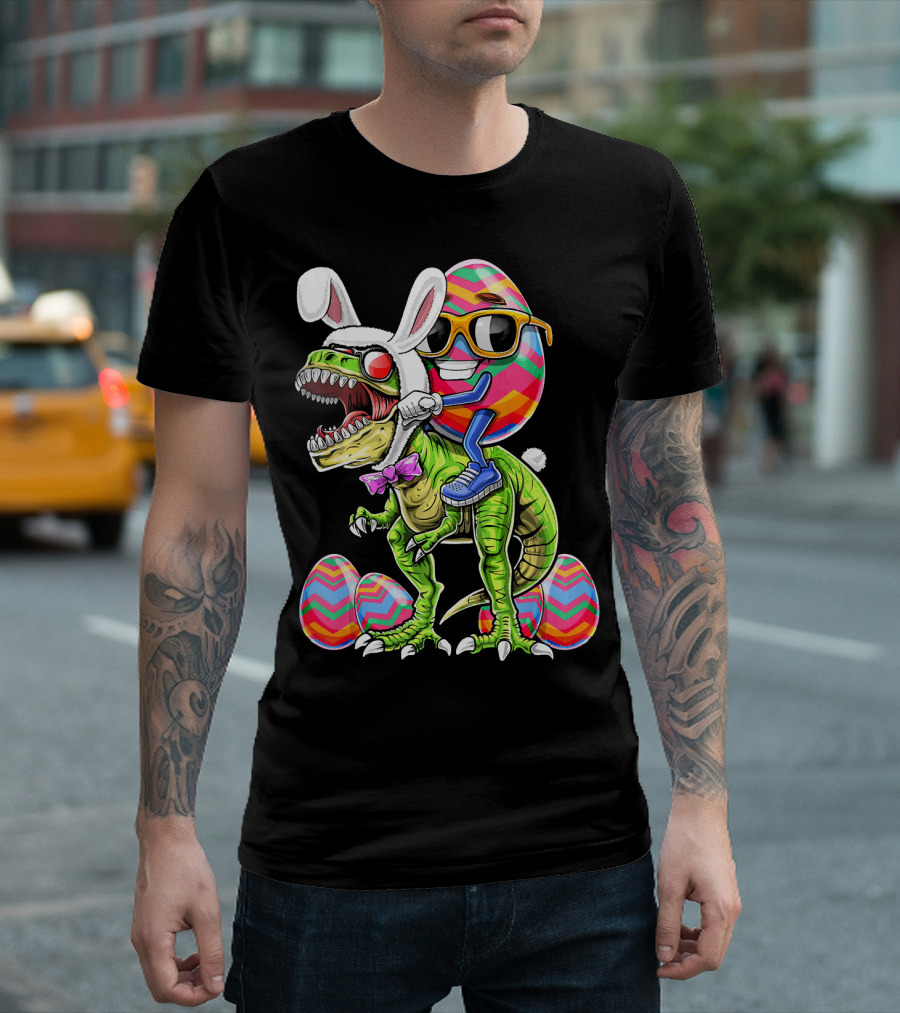 Easter Bunny Dinosaur with Egg Rabbit Ears and Sunglasses T-Shirt