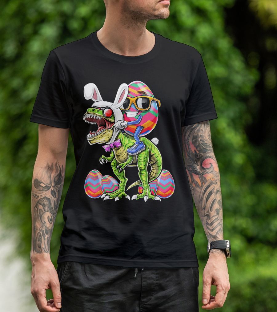 Easter Bunny Dinosaur With Egg Rabbit Ears And Sunglasses T-Shirt