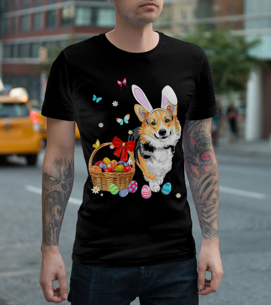Welsh Corgi Bunny Ear Rabbit Easter Eggs Basket Butterflies T-Shirt