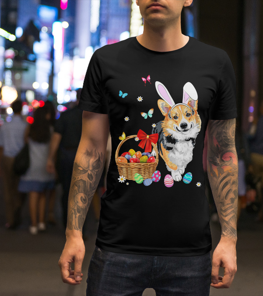 Welsh Corgi Bunny Ear Rabbit Easter Eggs Basket Butterflies T-Shirt