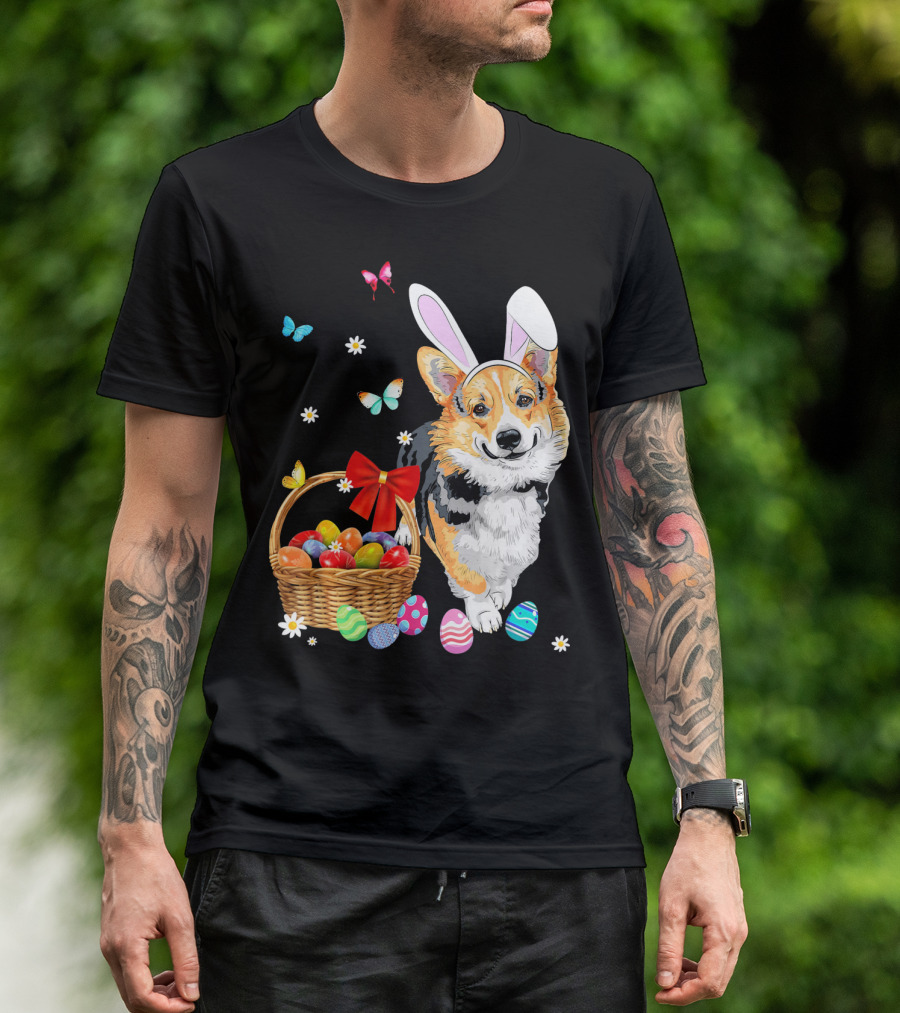 Welsh Corgi Bunny Ear Rabbit Easter Eggs Basket Butterflies T-Shirt