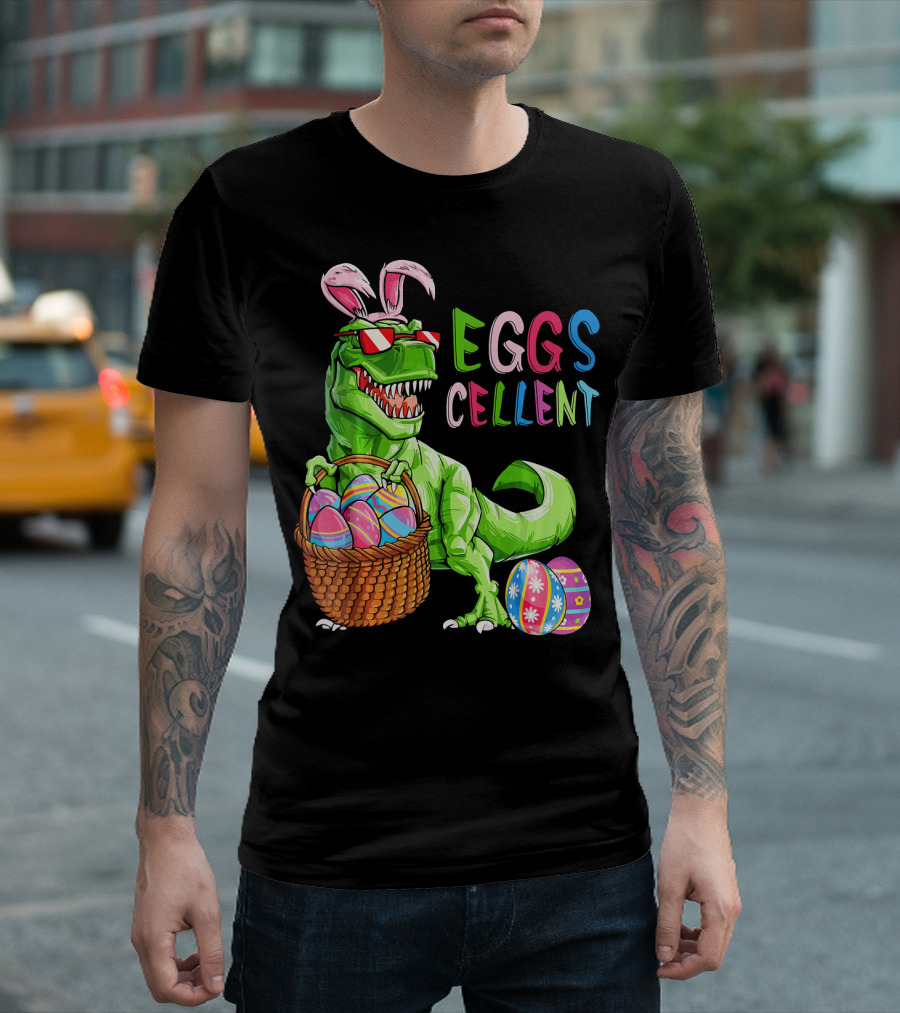 EGGS-cellent Green Dinosaur with Bunny Ears and Easter Eggs T-Shirt