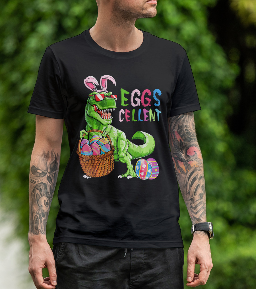 EGGS-cellent Green Dinosaur With Bunny Ears And Easter Eggs T-Shirt