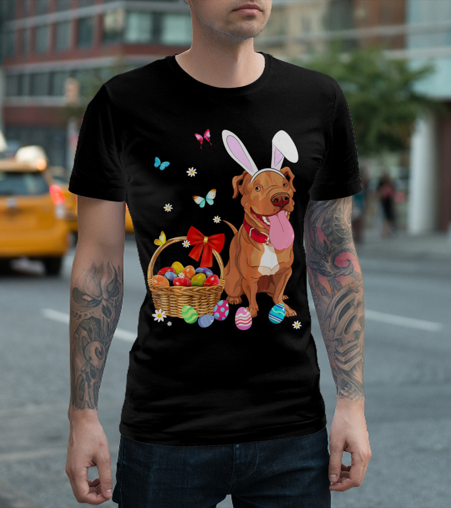 Pitbull with Bunny Ears and Easter Eggs Basket with Butterflies and Flowers T-Shirt