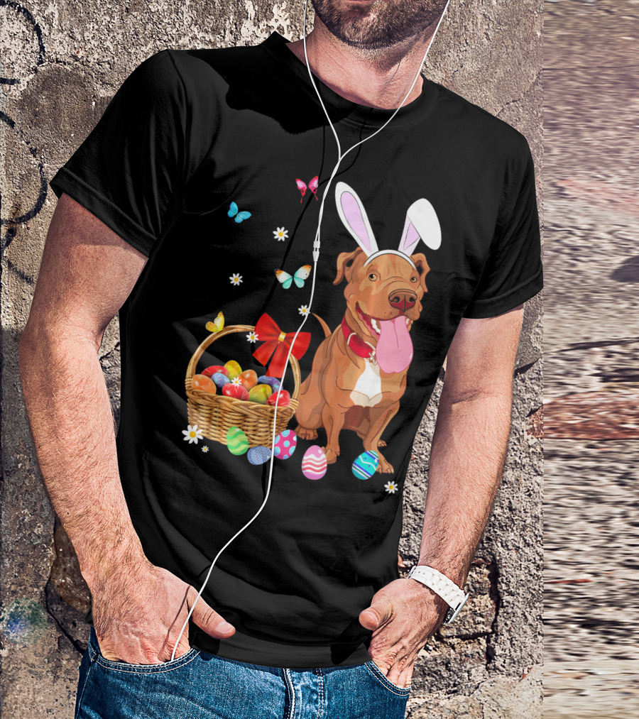Pitbull With Bunny Ears And Easter Eggs Basket With Butterflies And Flowers T-Shirt