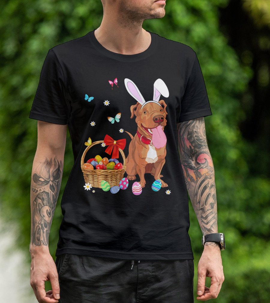 Pitbull With Bunny Ears And Easter Eggs Basket With Butterflies And Flowers T-Shirt