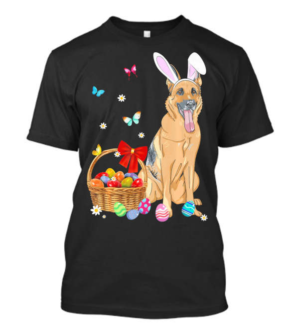 German Shepherd Bunny Ears Rabbit Easter Eggs Basket Butterflies T-Shirt