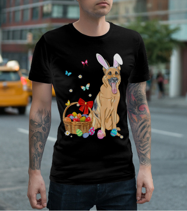 German Shepherd Bunny Ears Rabbit Easter Eggs Basket Butterflies T-Shirt
