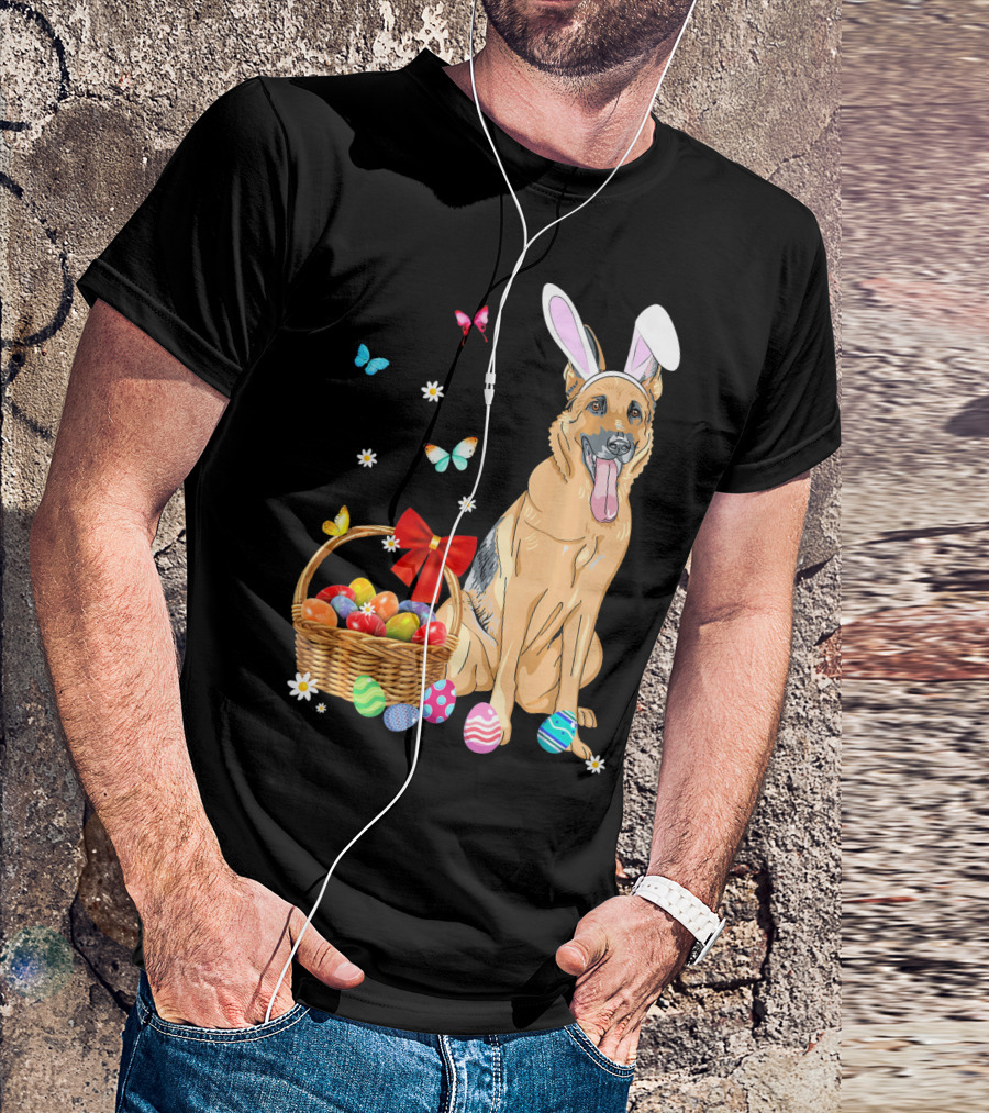 German Shepherd Bunny Ears Rabbit Easter Eggs Basket Butterflies T-Shirt