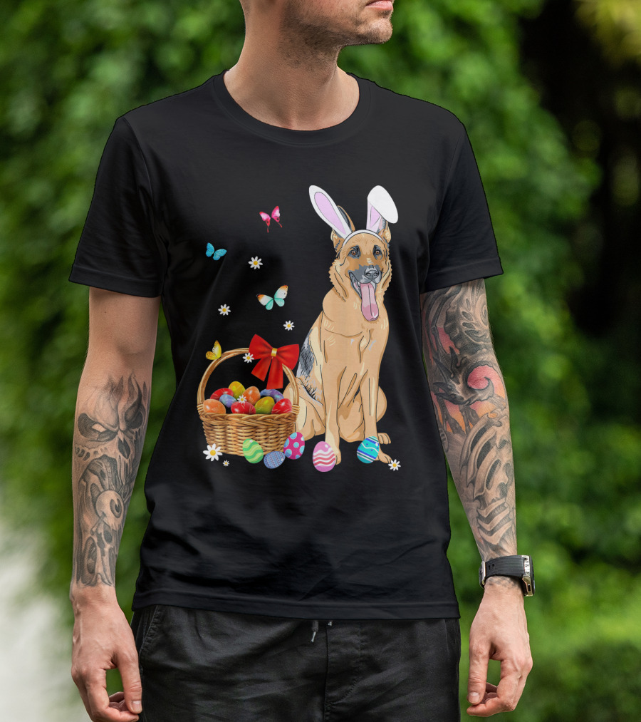 German Shepherd Bunny Ears Rabbit Easter Eggs Basket Butterflies T-Shirt