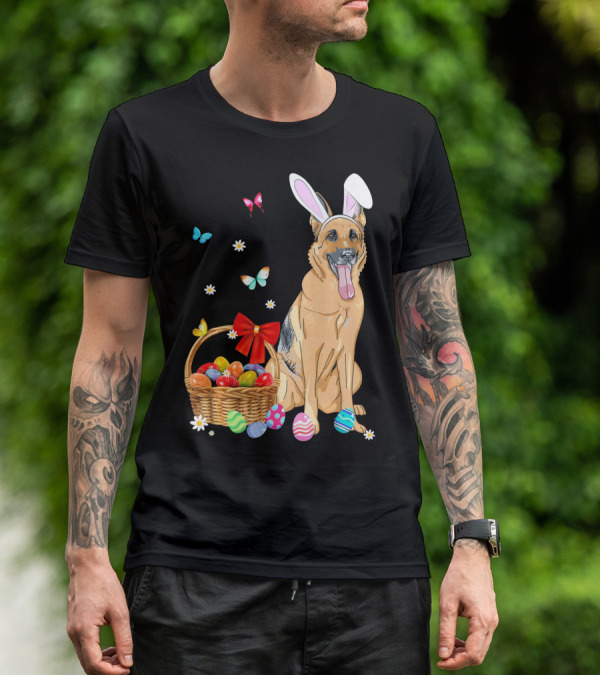 German Shepherd Bunny Ears Rabbit Easter Eggs Basket Butterflies T-Shirt