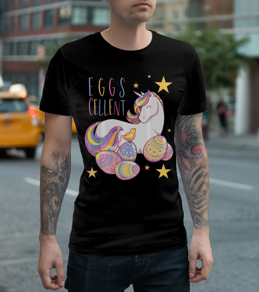 Eggs Cellent Easter Unicorn with Colorful Eggs and Stars T-Shirt