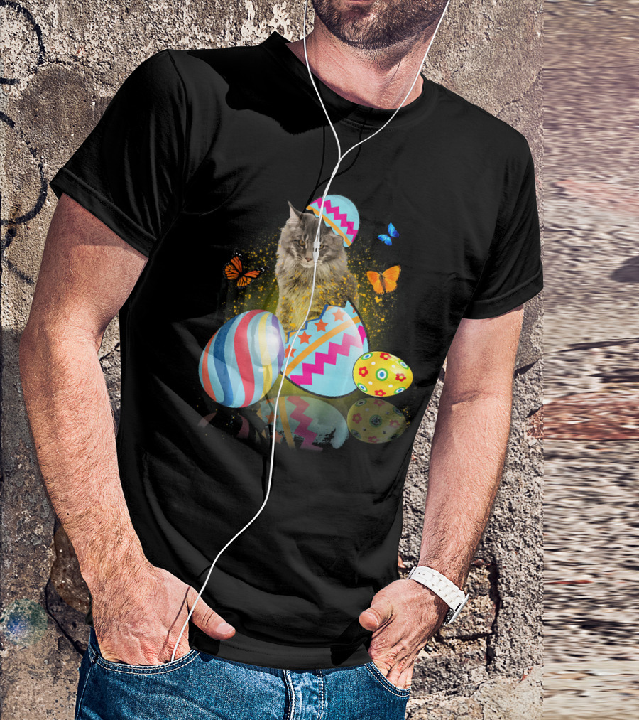 Funny Cat With Colorful Easter Eggs And Butterflies For Cat Lovers T-Shirt