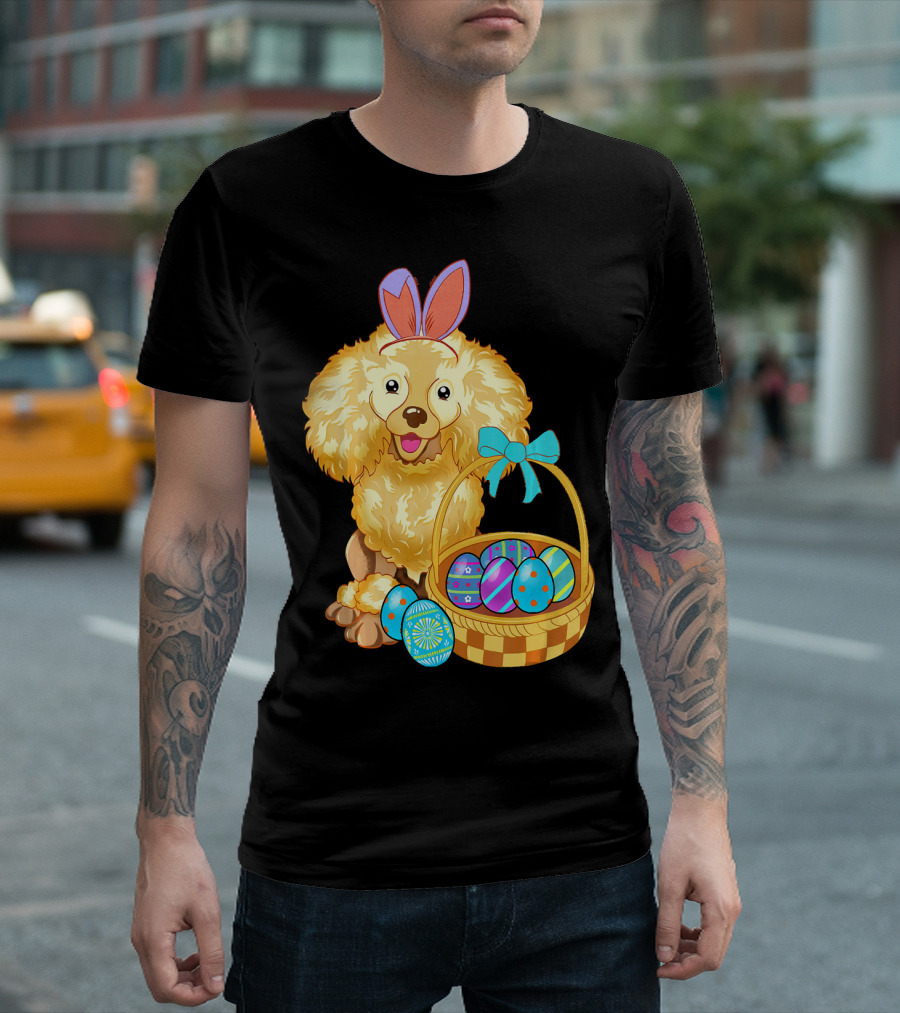 Adorable Poodle with Bunny Ears and Easter Egg Basket T-Shirt