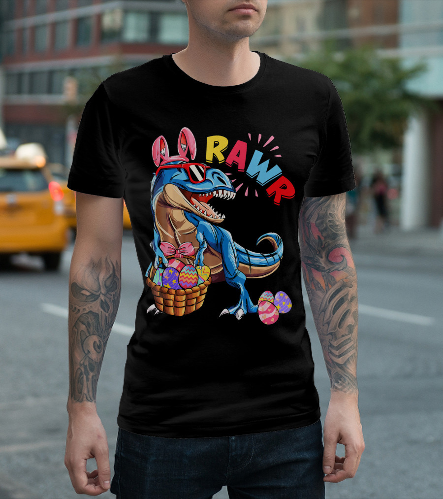 Dinosaur Easter Bunny Rex Rawr with Eggs and Basket T-Shirt