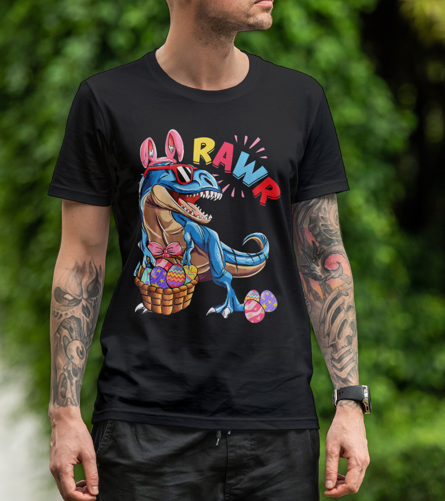 Dinosaur Easter Bunny Rex Rawr With Eggs And Basket T-Shirt