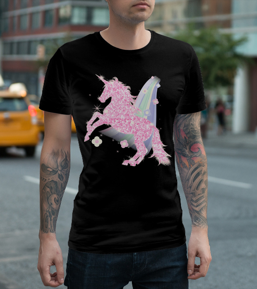 Pink Sparkle Unicorn with Easter Flowers and Rainbow Mane T-Shirt