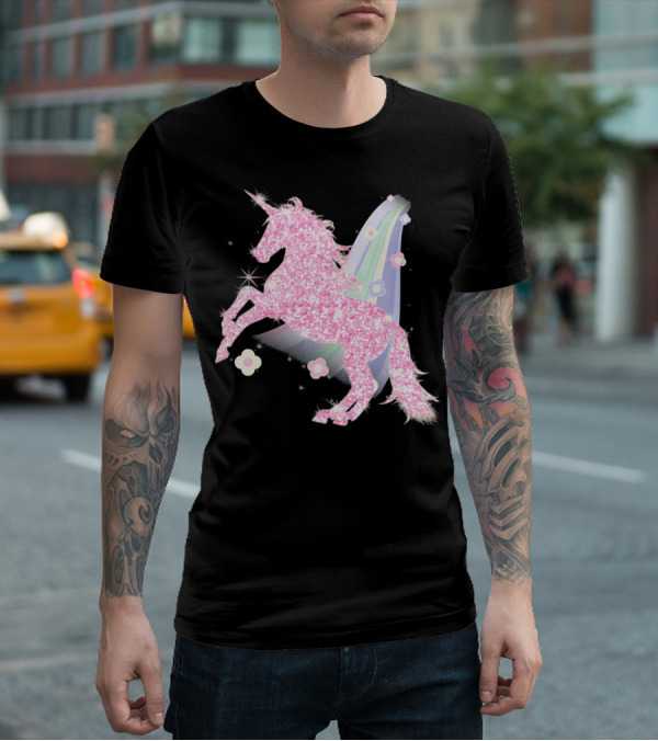 Pink Sparkle Unicorn With Easter Flowers And Rainbow Mane T-Shirt