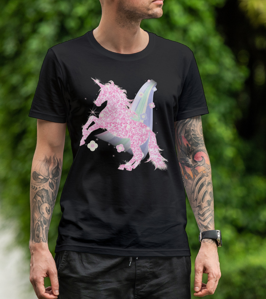 Pink Sparkle Unicorn With Easter Flowers And Rainbow Mane T-Shirt