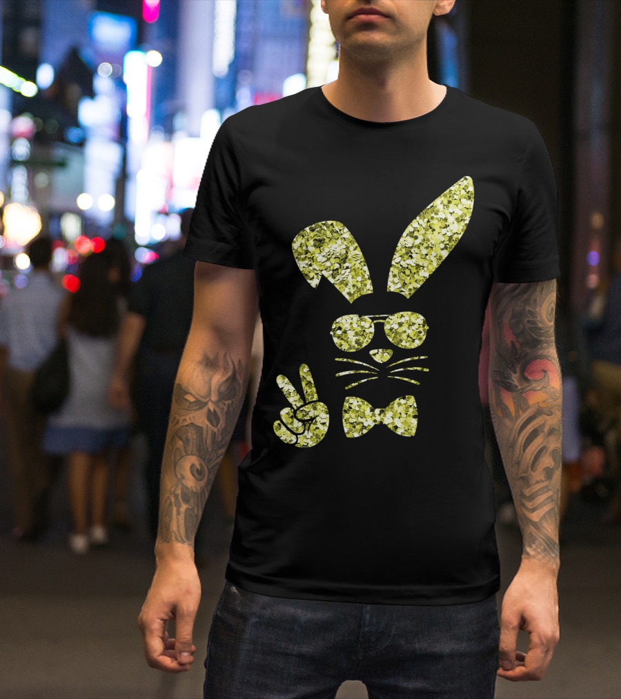 Easter Bunny Girls Cute Gold Glitter Bunny With Sunglasses And Bow Tie T-Shirt