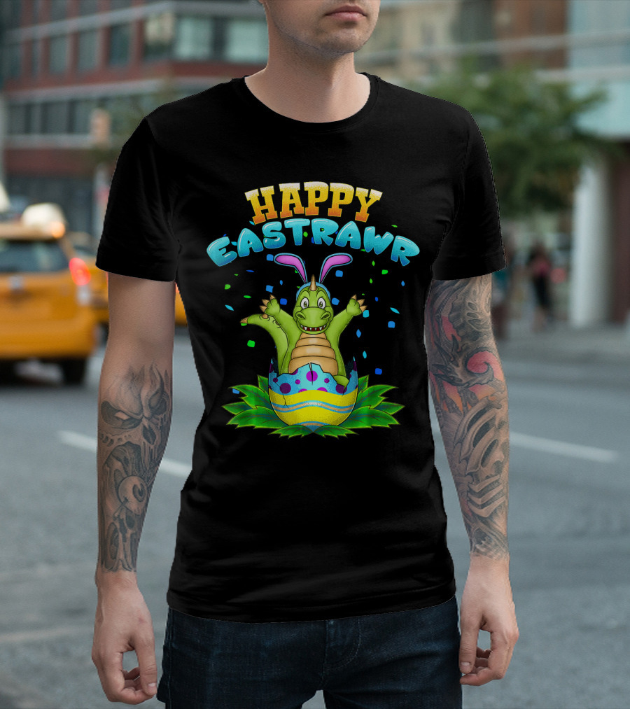 Happy Eastrawr Dinosaur in Easter Egg with Bunny Ears and Confetti T-Shirt