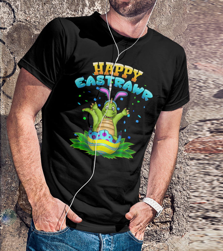 Happy Eastrawr Dinosaur In Easter Egg With Bunny Ears And Confetti T-Shirt