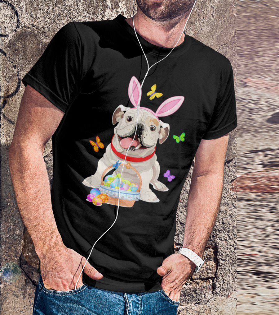 English Bulldog With Bunny Ears And Easter Egg Basket With Butterflies T-Shirt