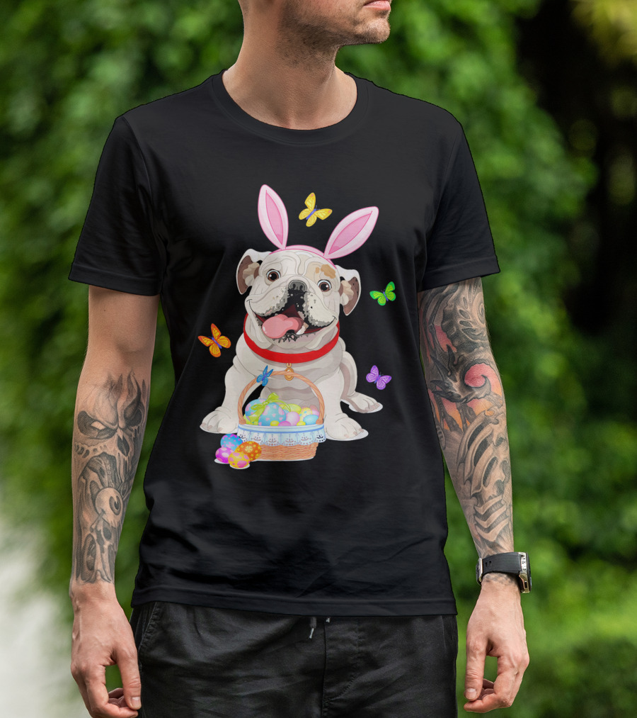 English Bulldog With Bunny Ears And Easter Egg Basket With Butterflies T-Shirt