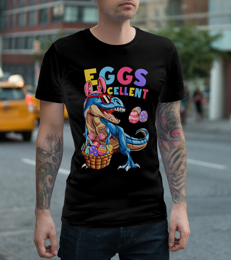 Eggs Cellent Dinosaur Easter Bunny Rex with Colorful Eggs T-Shirt
