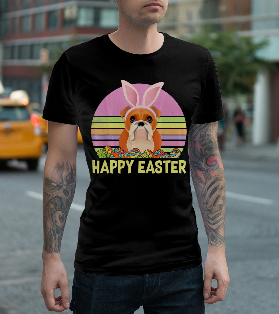 Happy Easter Day British Bulldog Bunny Ears Rainbow Eggs Retro T-Shirt