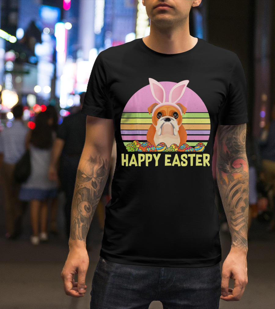 Happy Easter Day British Bulldog Bunny Ears Rainbow Eggs Retro T-Shirt
