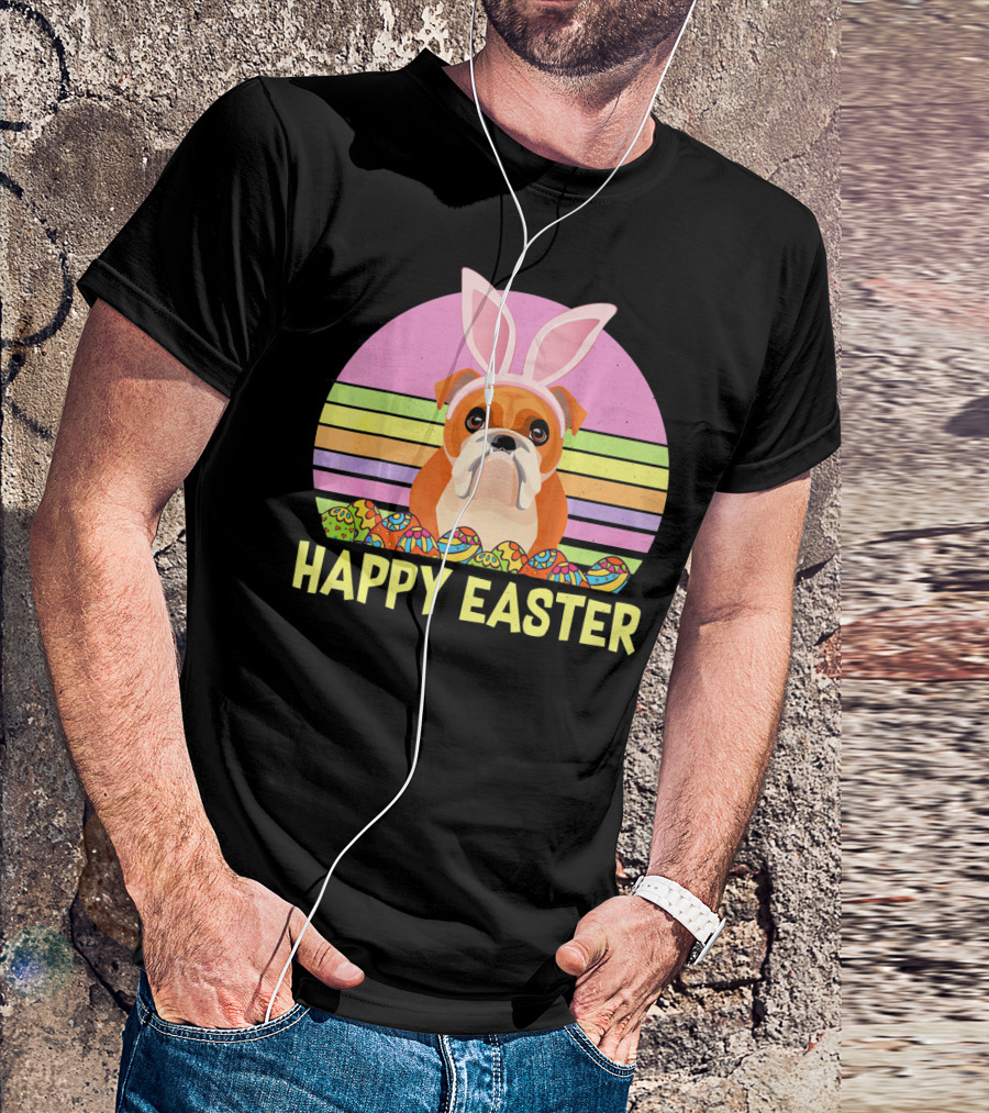 Happy Easter Day British Bulldog Bunny Ears Rainbow Eggs Retro T-Shirt
