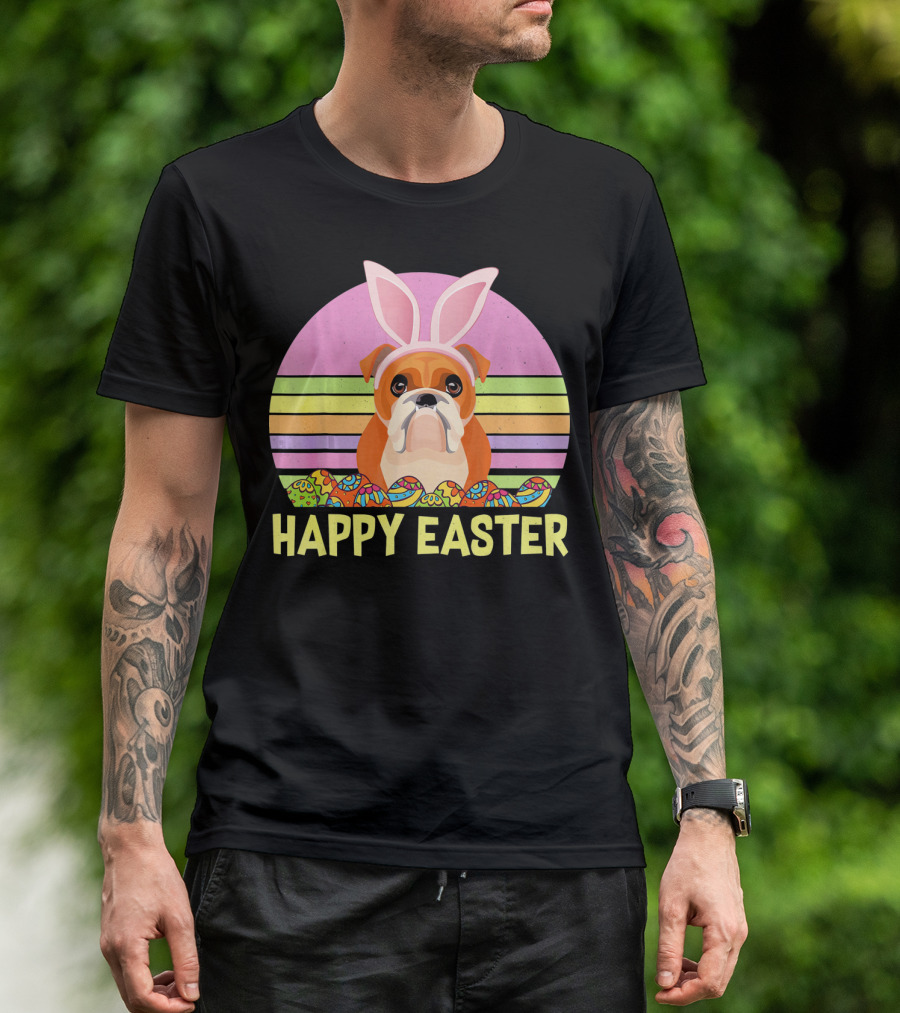 Happy Easter Day British Bulldog Bunny Ears Rainbow Eggs Retro T-Shirt