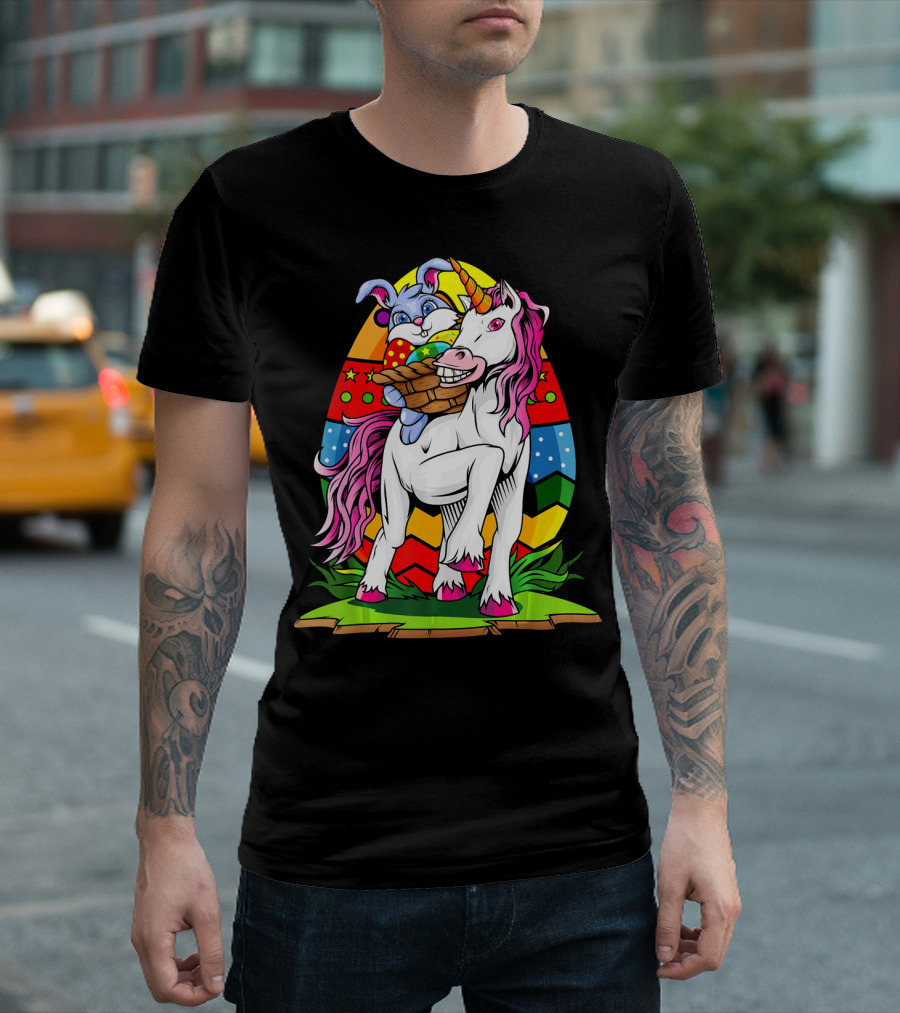 Funny Colorful Easter Bunny Riding Unicorn with Eggs T-Shirt