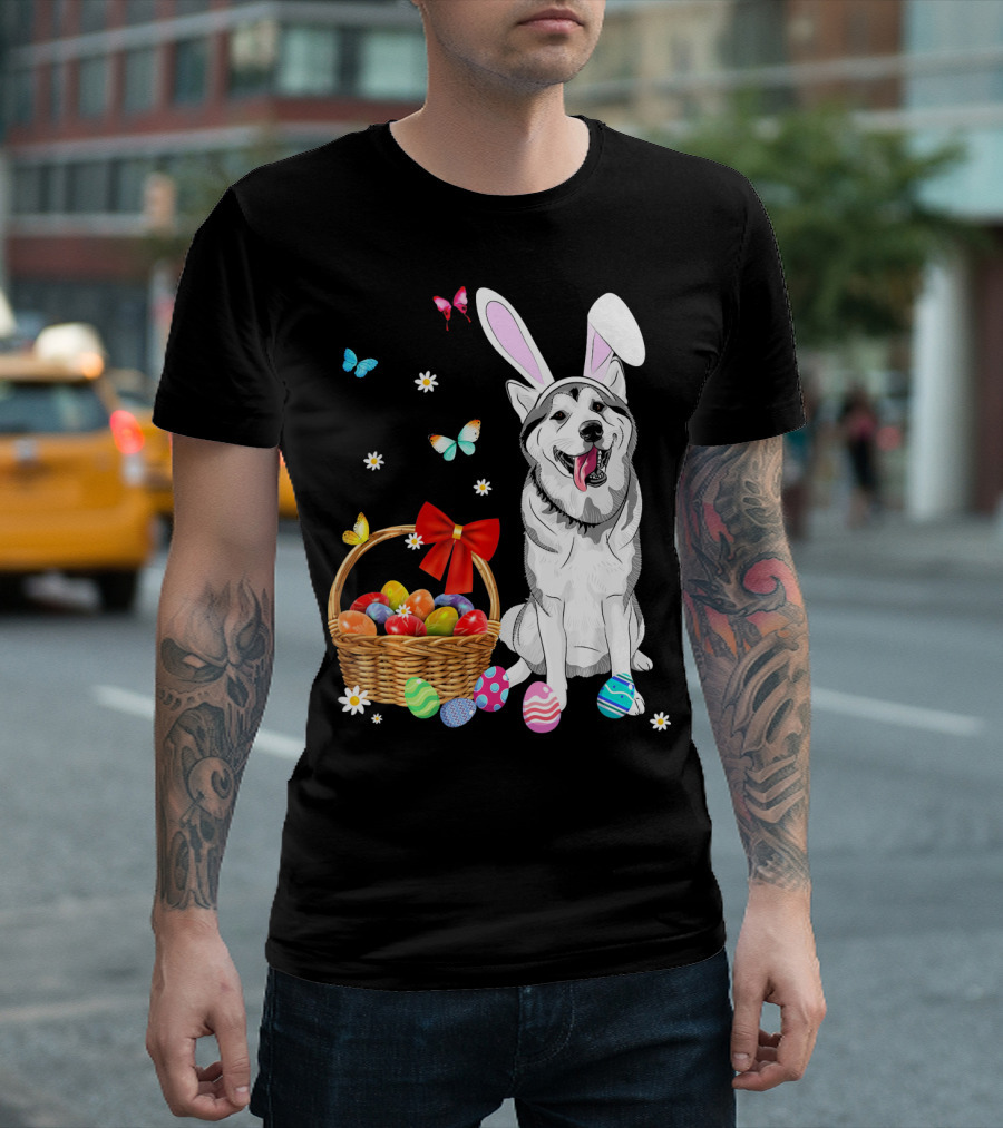 Siberian Husky Bunny Ears Easter Basket Eggs Butterflies T-Shirt