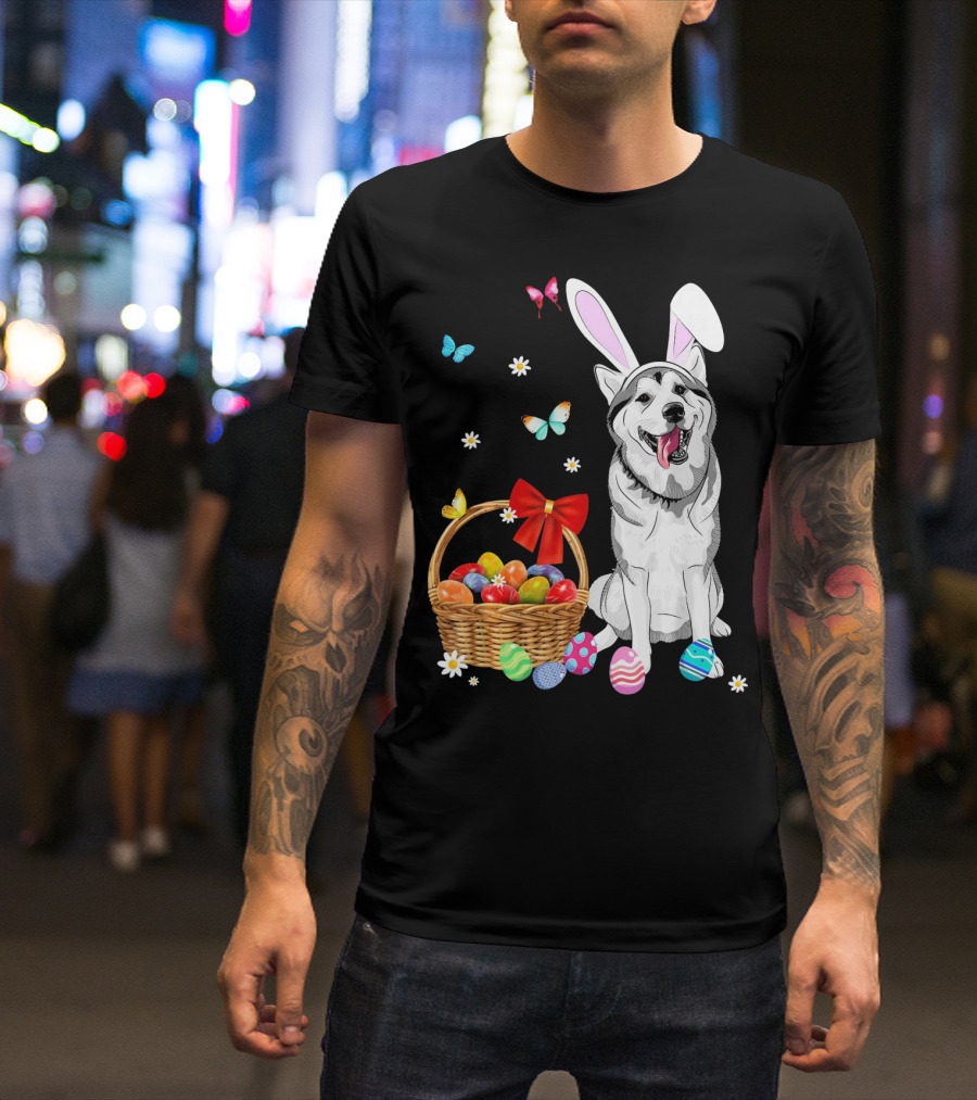 Siberian Husky Bunny Ears Easter Basket Eggs Butterflies T-Shirt