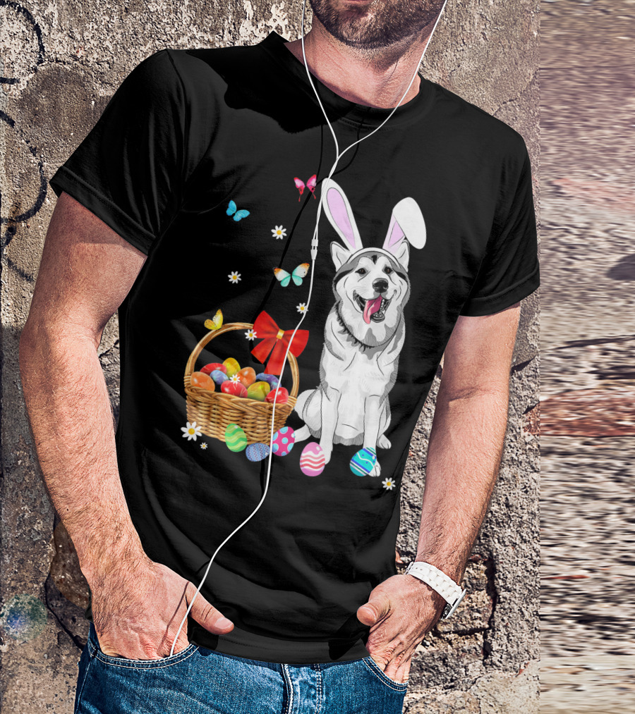 Siberian Husky Bunny Ears Easter Basket Eggs Butterflies T-Shirt