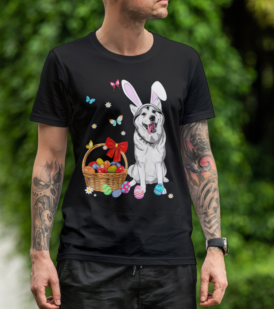 Siberian Husky Bunny Ears Easter Basket Eggs Butterflies T-Shirt