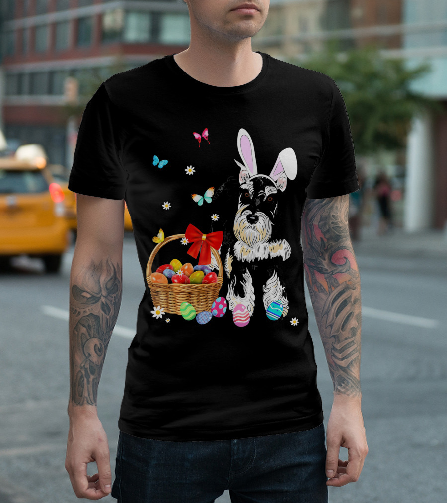 Miniature Schnauzer Bunny Ear With Easter Egg Basket And Butterflies T-Shirt