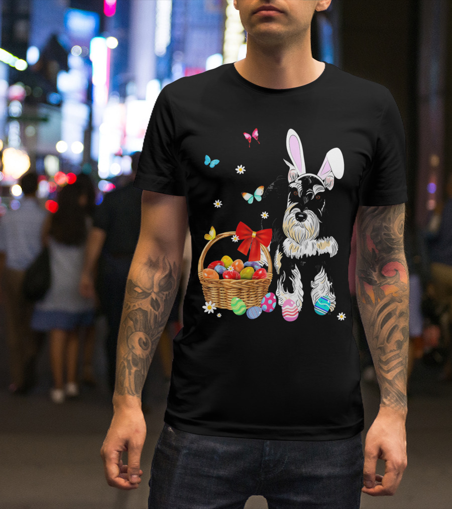 Miniature Schnauzer Bunny Ear With Easter Egg Basket And Butterflies T-Shirt