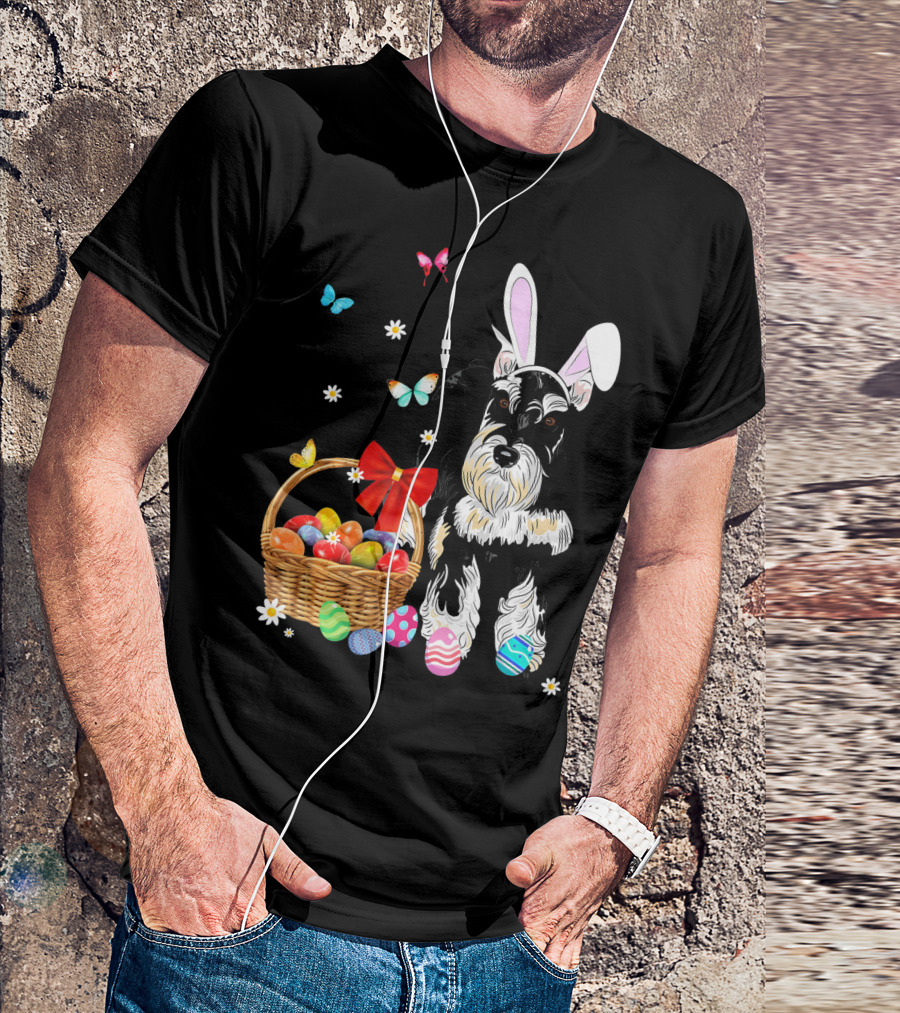 Miniature Schnauzer Bunny Ear With Easter Egg Basket And Butterflies T-Shirt