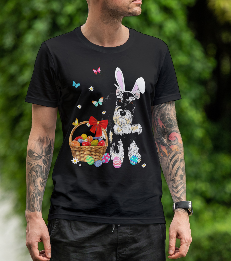 Miniature Schnauzer Bunny Ear With Easter Egg Basket And Butterflies T-Shirt