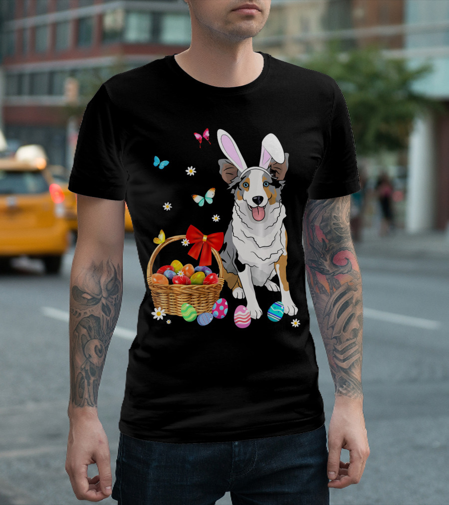 Australian Shepherd Bunny Ear Butterflies Basket Easter Egg Flowers T-Shirt