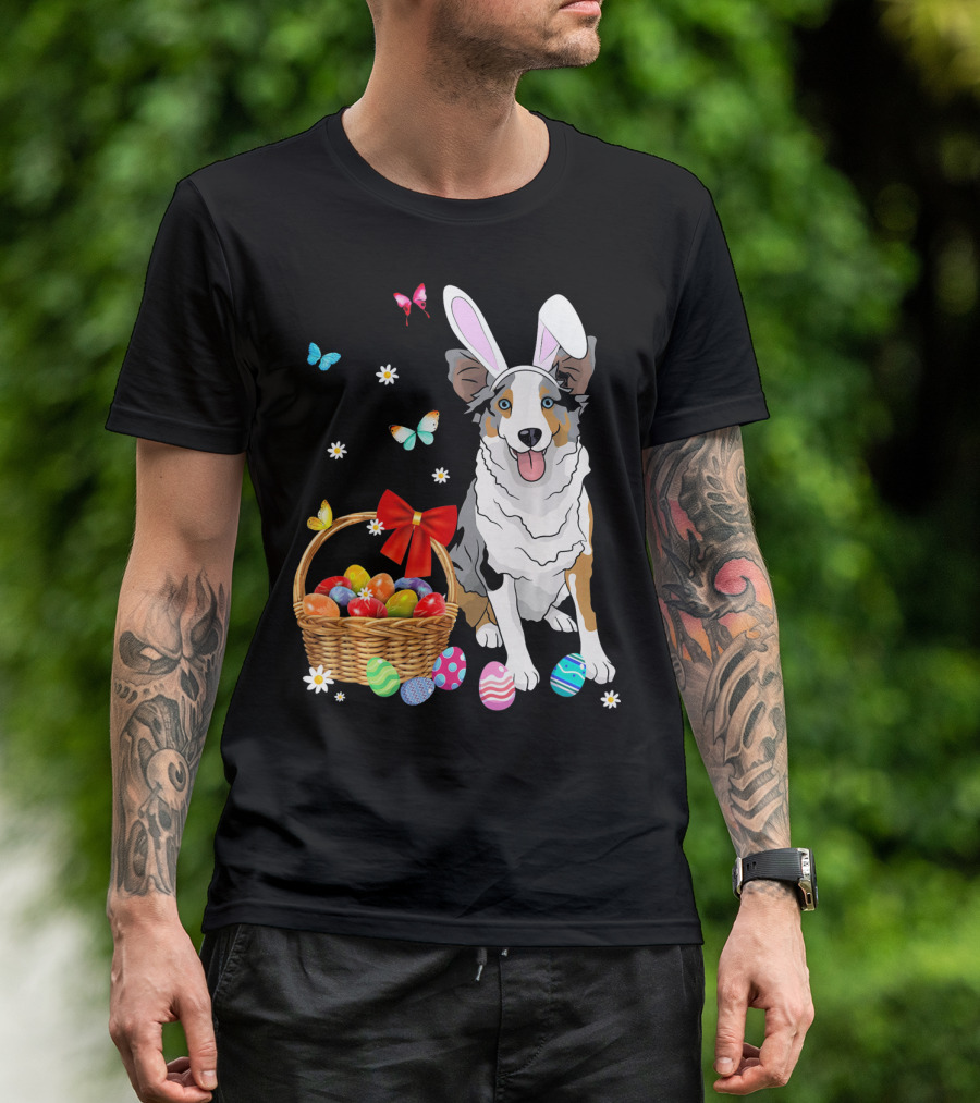 Australian Shepherd Bunny Ear Butterflies Basket Easter Egg Flowers T-Shirt