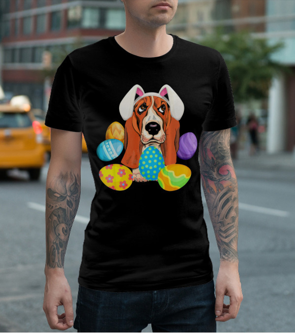 Basset Hound Bunny Rabbit Hat Easter Eggs Playful Scene T-Shirt