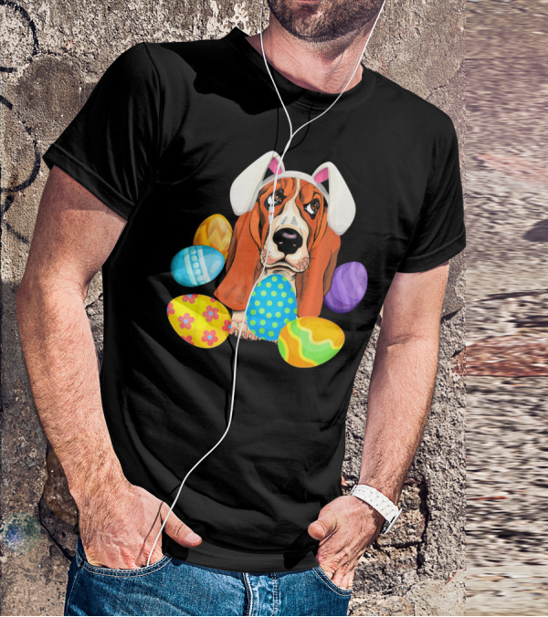 Basset Hound Bunny Rabbit Hat Easter Eggs Playful Scene T-Shirt