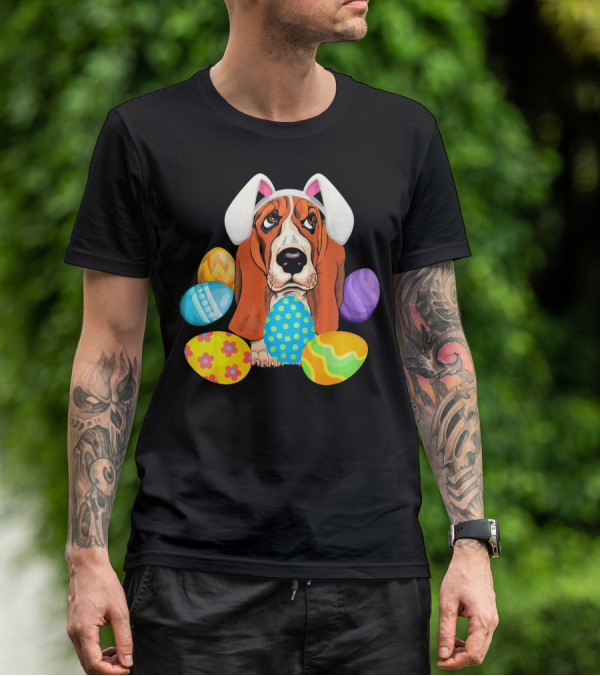 Basset Hound Bunny Rabbit Hat Easter Eggs Playful Scene T-Shirt