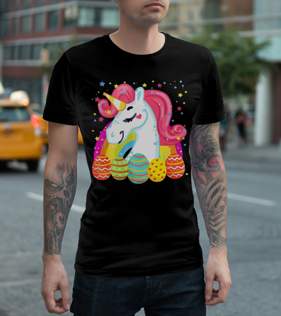 Unicorn with Rainbow Mane and Colorful Easter Eggs T-Shirt