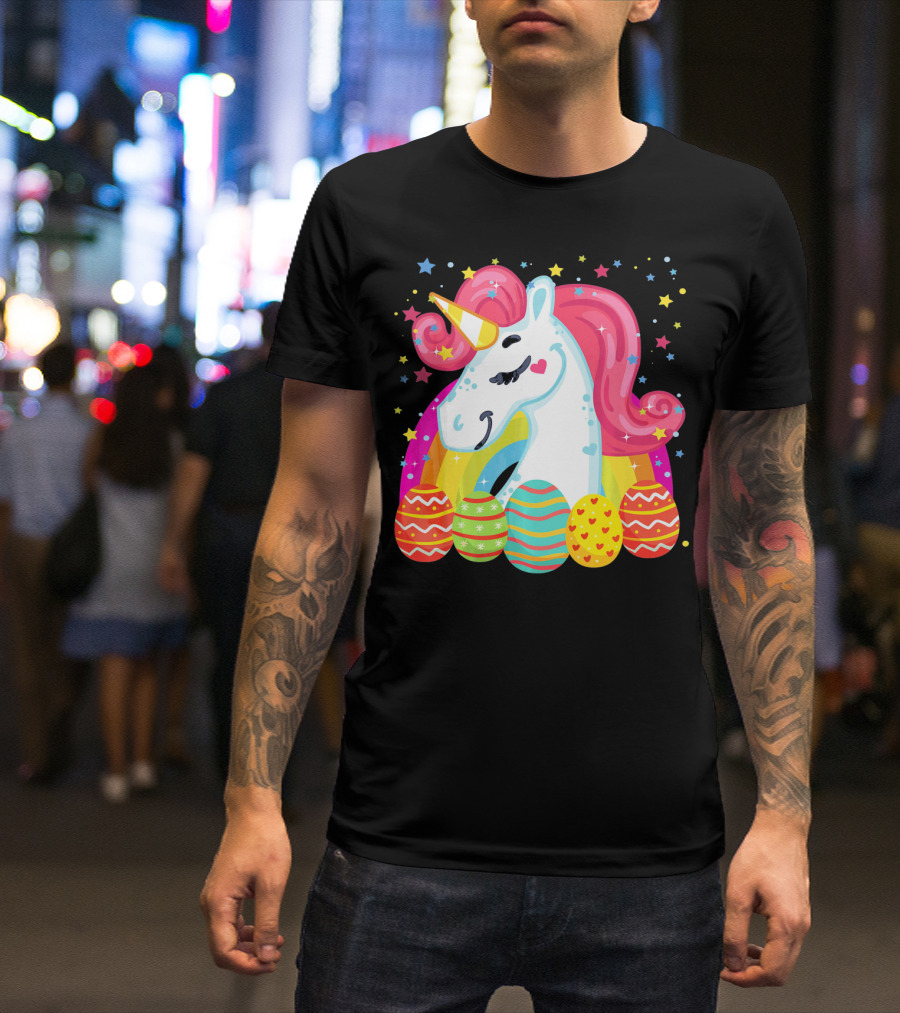 Unicorn With Rainbow Mane And Colorful Easter Eggs T-Shirt