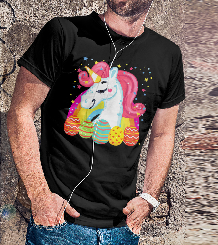 Unicorn With Rainbow Mane And Colorful Easter Eggs T-Shirt
